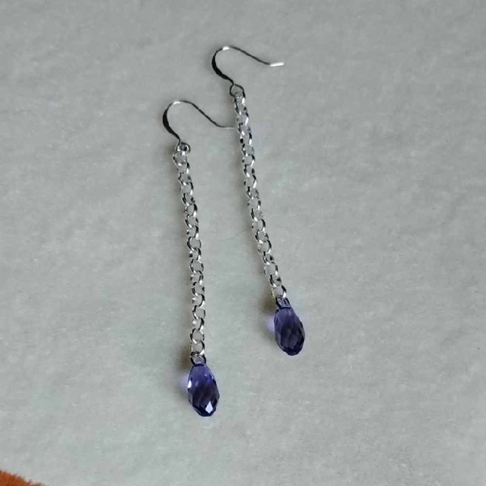 HAND CRAFTED SILVER SWAROVSKI CRYSTAL BRIOLETTE TANZANITE BLUE EARRINGS